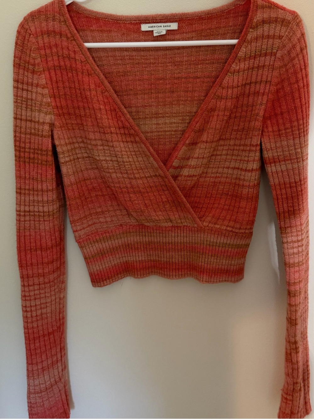American Eagle Outfitters Coral-Multi Ribbed Wrap Long-Sleeve sweater